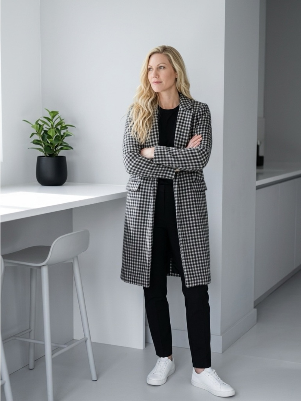 LOFT Black and White Houndstooth Trench Coat